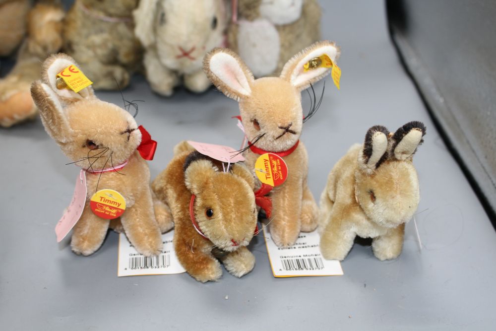 A collection of mostly Steiff soft toy rabbits